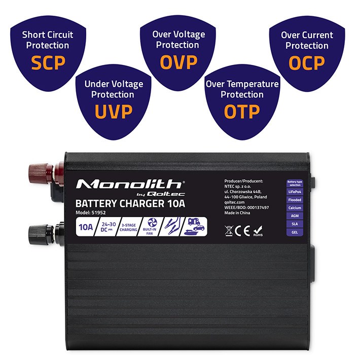 Punjač akumulatora QOLTEC Smart Monolith (10A, 24V, za LiFePO4/AGM/GEL/SLA)-3