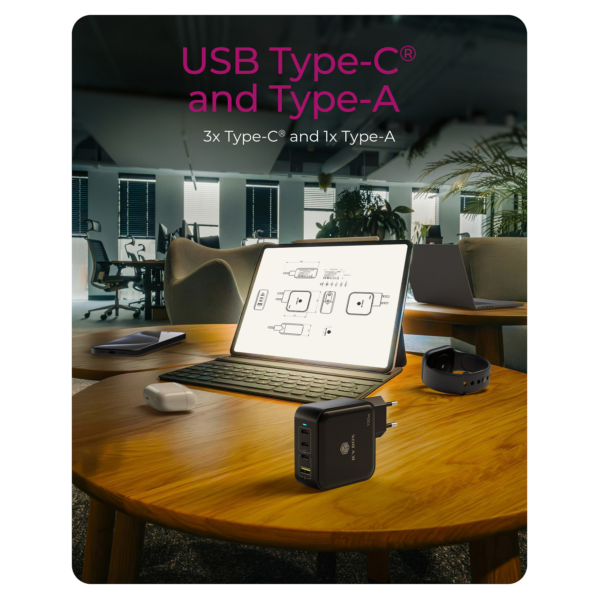 IcyBox IB-PS1040-PD 4-portni USB-C/A 100W GaN polnilec-7