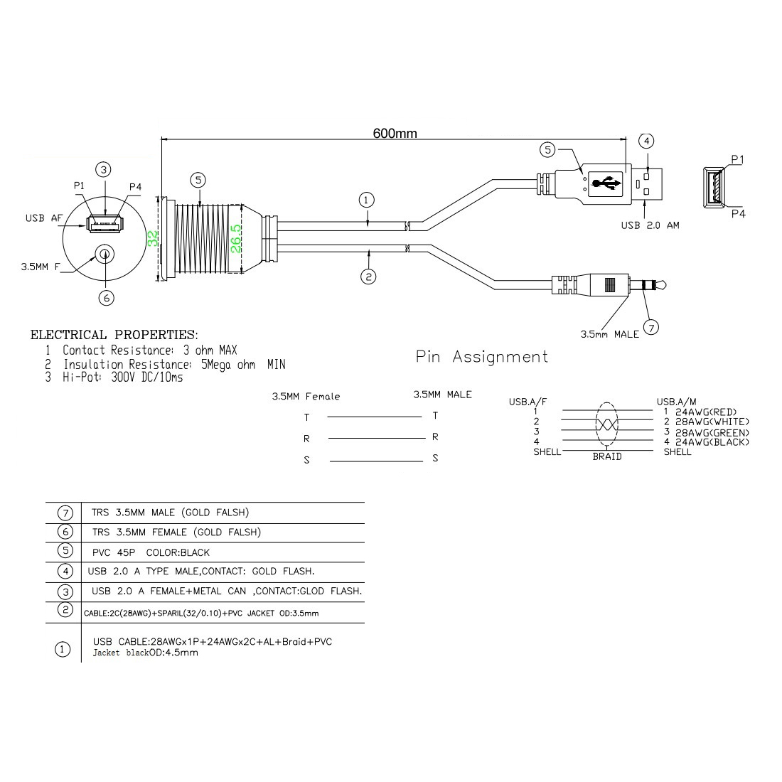 Ugradbena utičnica AMPIRE XUX060 (USB-A / AUX, 3.5mm jack, 60cm)-7