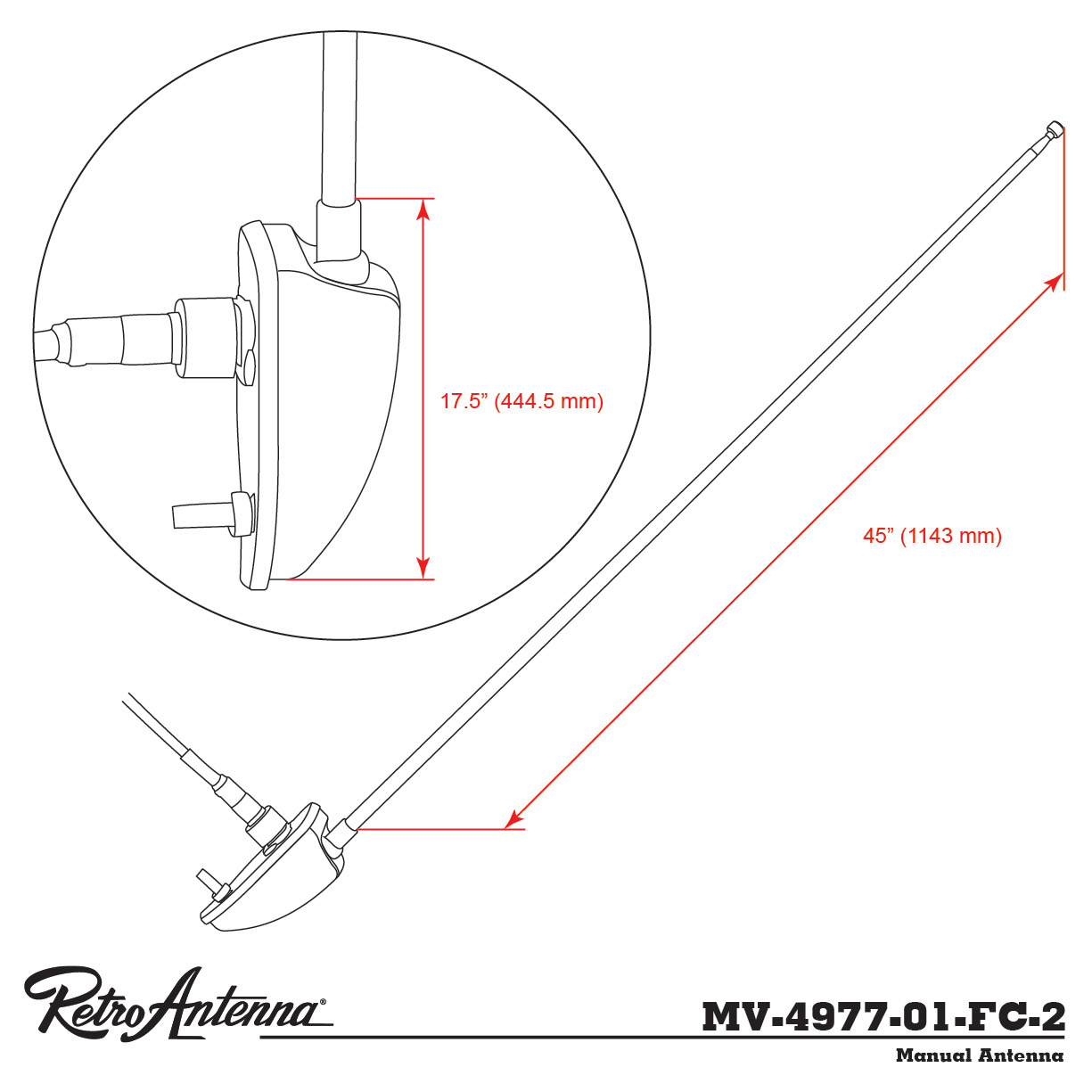 Antenna RETROSOUND VW Side Mount Collapsible Mast Antenna W/Black baza, Single Post-2