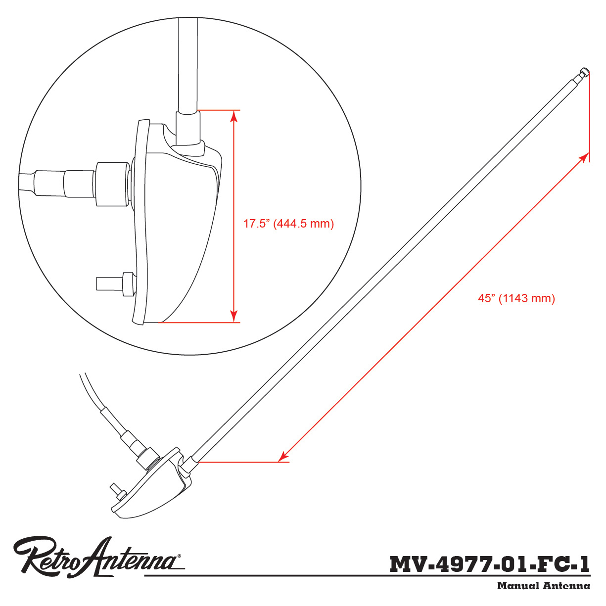 Antenna RETROSOUND VW Side Mount Collapsible Mast W/Chrome baza, Single Post-2