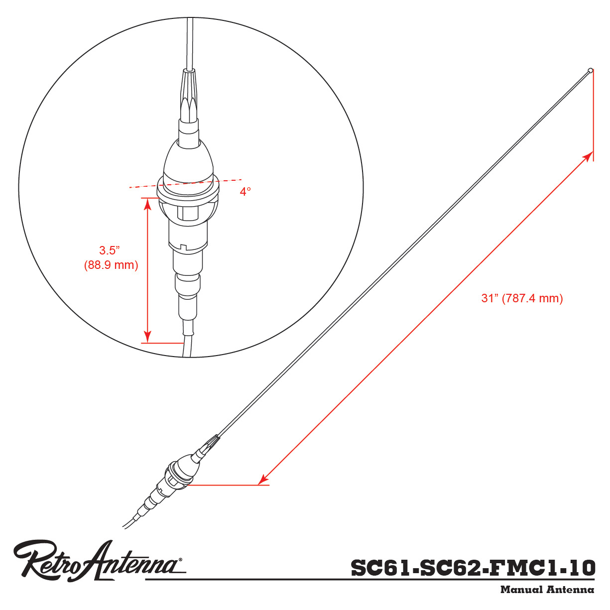Antenna RETROSOUND Stabantenne verchromtes Messing Frontmontage-2