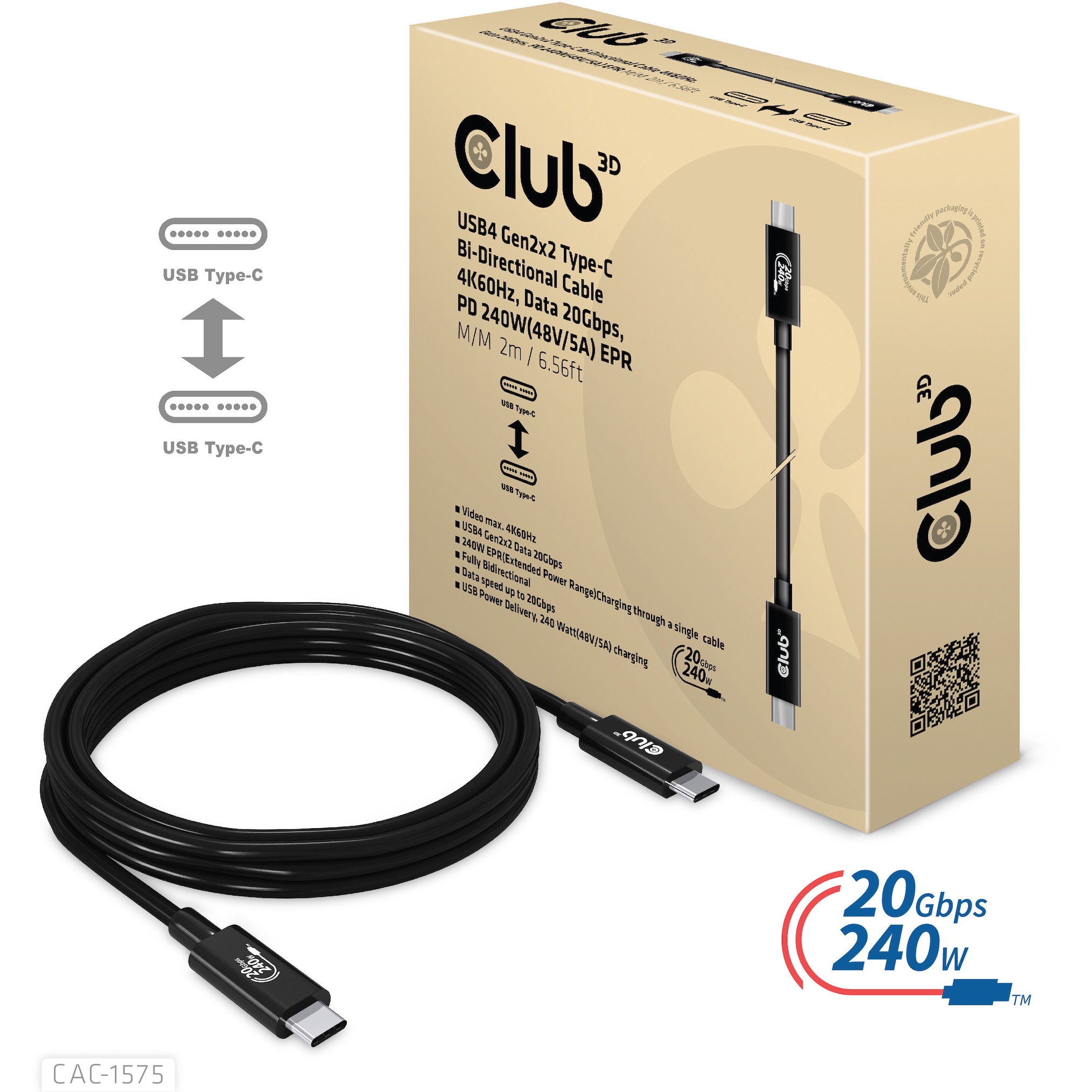 Kabel CLUB 3D USB4 Gen2x2 Type-C Bi-Directional 4K60Hz, Data 20Gbps, PD 240W (M/M) 2m-5