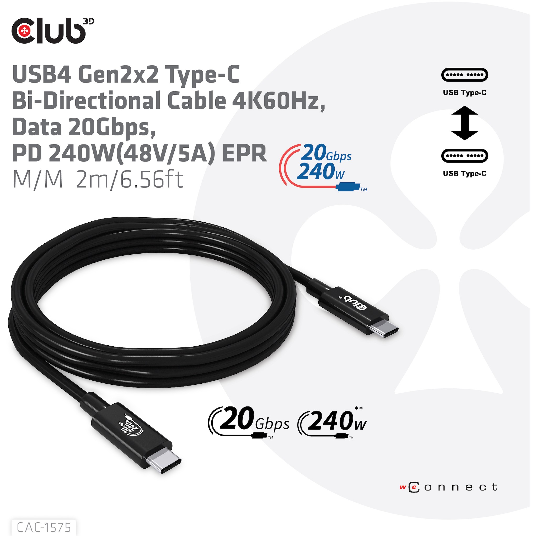 Kabel CLUB 3D USB4 Gen2x2 Type-C Bi-Directional 4K60Hz, Data 20Gbps, PD 240W (M/M) 2m-6