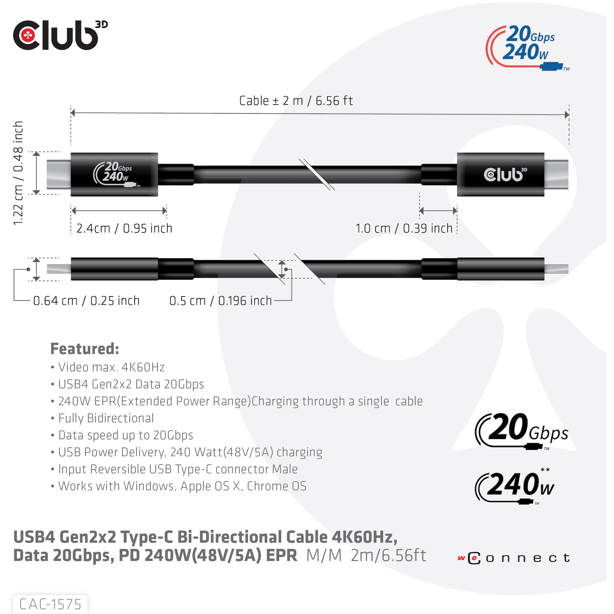 Kabel CLUB 3D USB4 Gen2x2 Type-C Bi-Directional 4K60Hz, Data 20Gbps, PD 240W (M/M) 2m-7