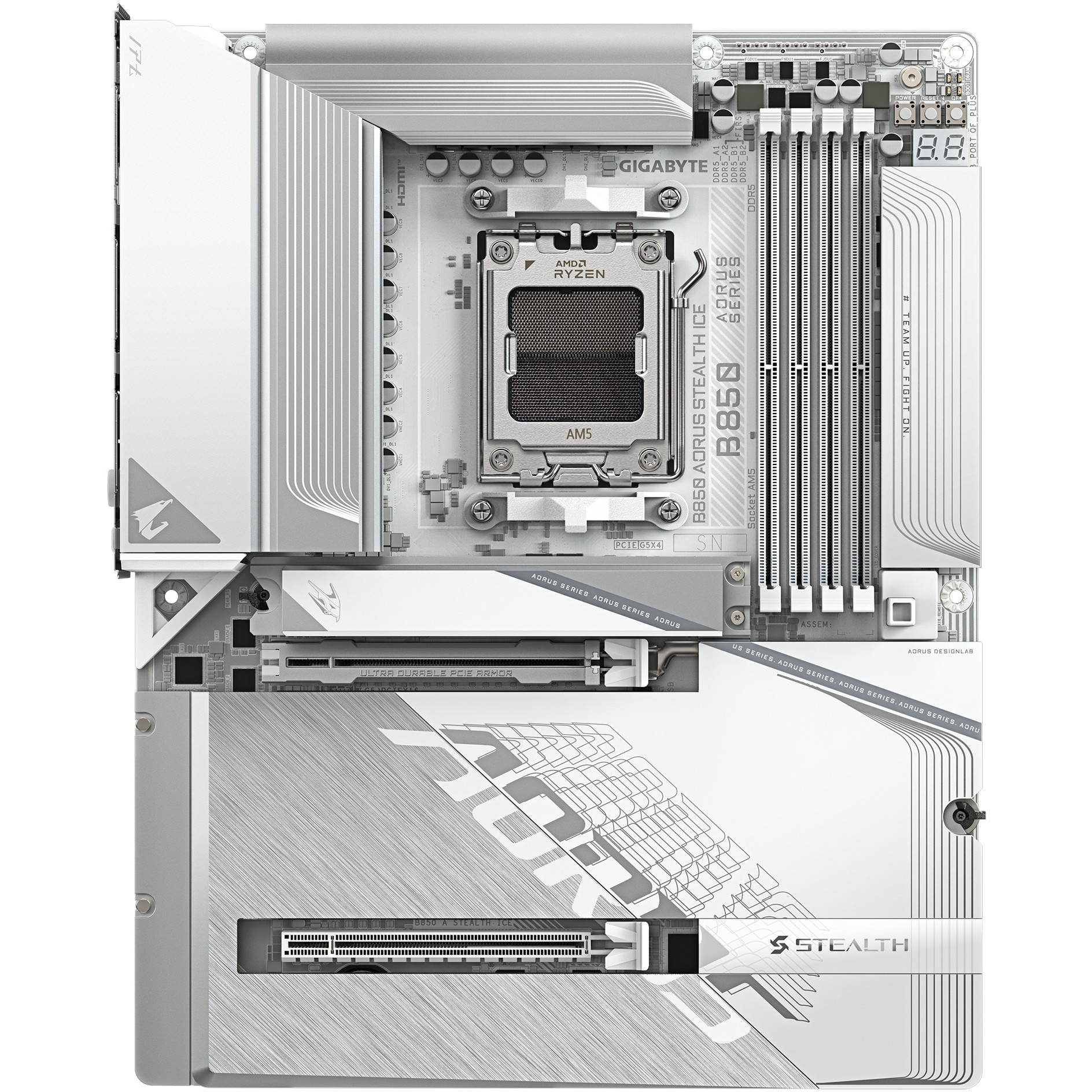 Matična ploča GIGABYTE B850 AORUS STEALTH ICE (AMD Ryzen 9000, 14+2+2 faze digitalnog VRM, do 8200MHz DDR5 (OC), 2xPCIe 5.0 + 2xPCIe 4.0 M.2, WIFI 7, 5 GbE LAN, USB 3.2 Gen 2)-8