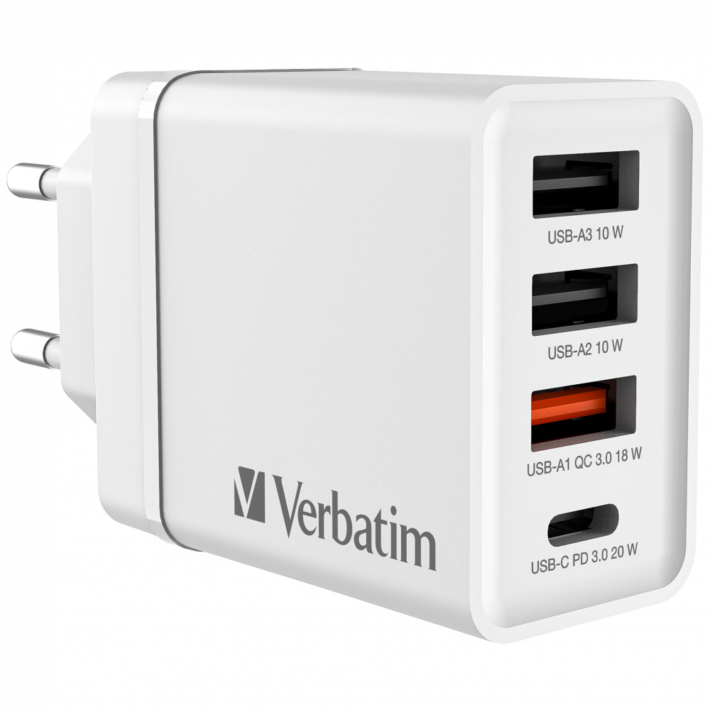 Zidni punjač VERBATIM 30W, 3×USB-A/1×USB-C, bijeli