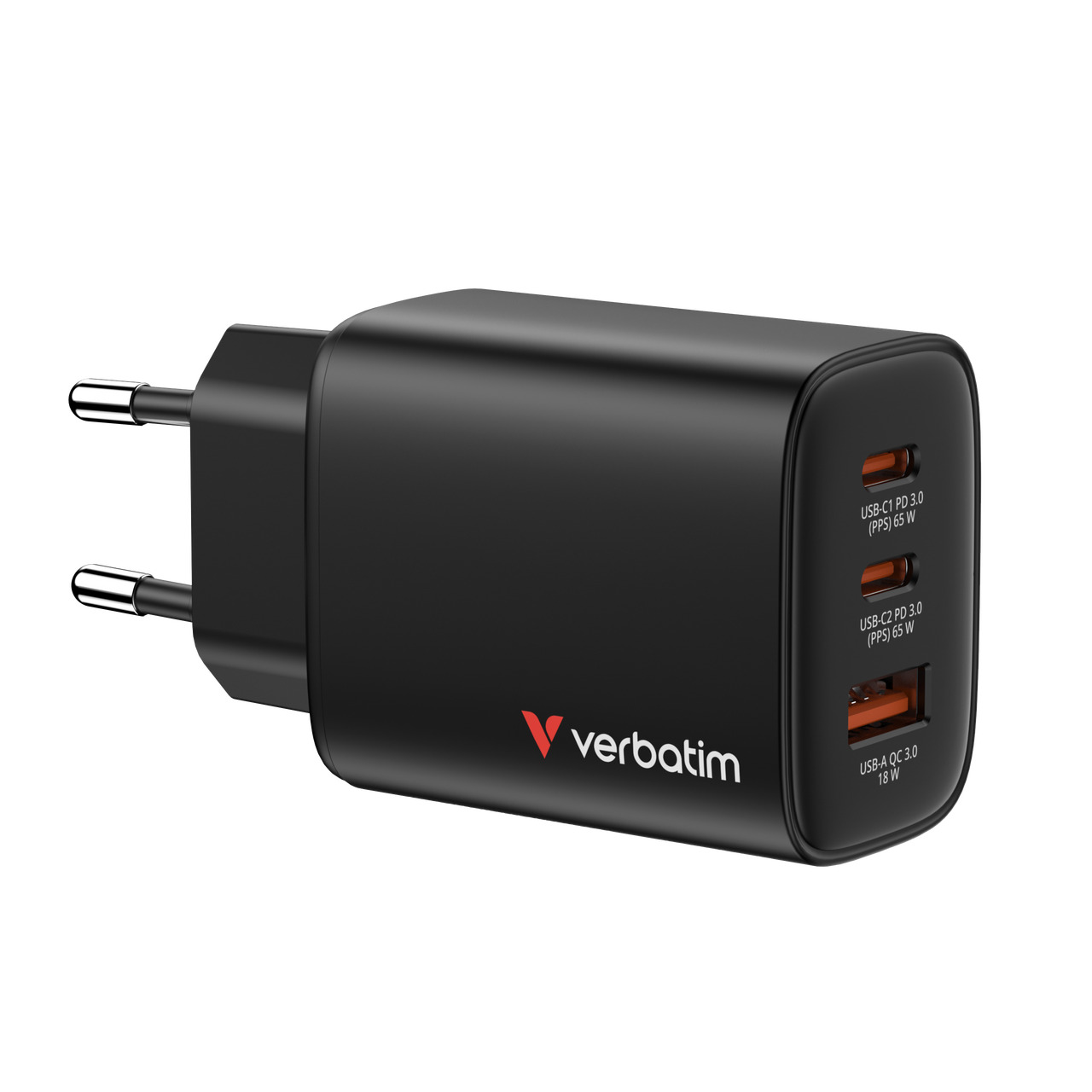 Zidni punjač VERBATIM GaN Essentials 65W, 2× USB-C i 1× USB-A, crni