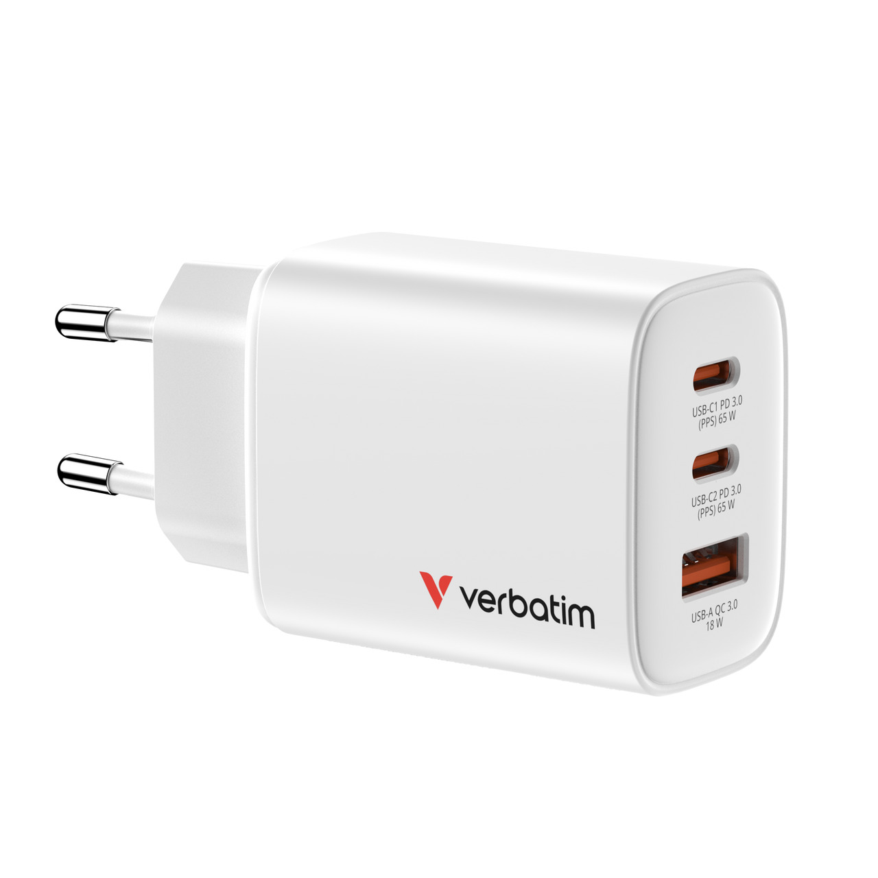 Zidni punjač VERBATIM GaN Essentials 65W, 2× USB-C i 1× USB-A, bijeli-0