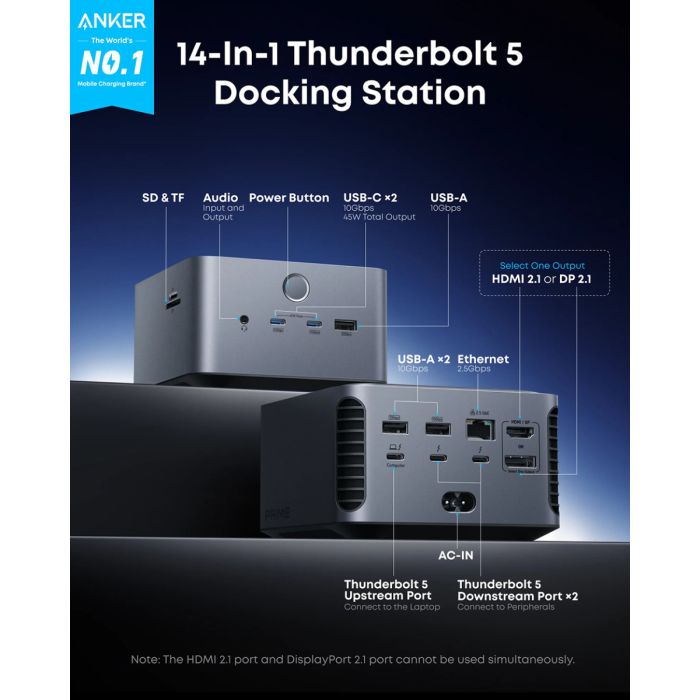 Priklopna postaja ANKER Thunderbolt 5 (14-u-1, HDMI, DisplayPort, USB-C, USB-A, SD/TF čitač kartica, Ethernet, Audio, 8K@60Hz, PD 3.1)-1