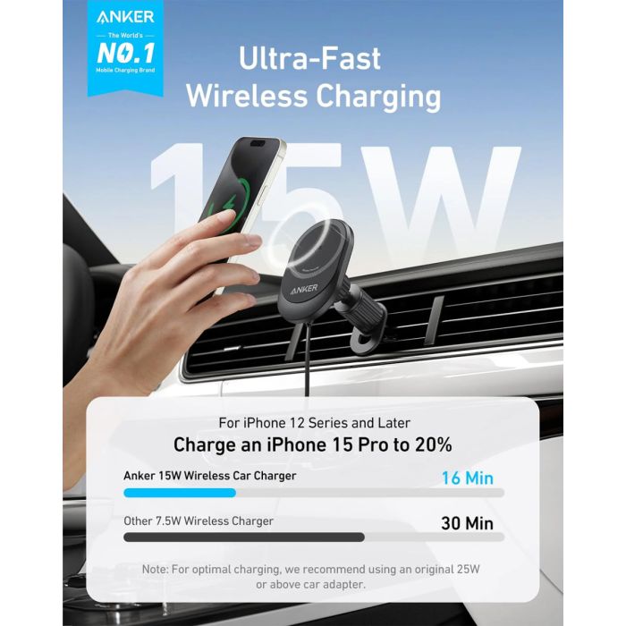 Bežični punjač za auto ANKER MagGo (15W, USB-C kabel, magnetna osnova)-1