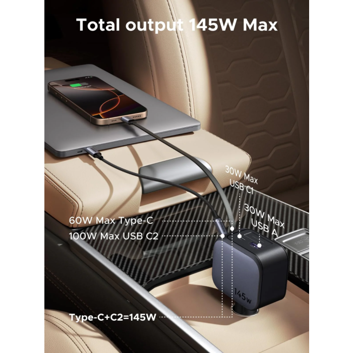 automobilski punjač UGREEN 55910B s ugrađenim USB-C kablom (do 145 W, 12 V – 24 V)-5