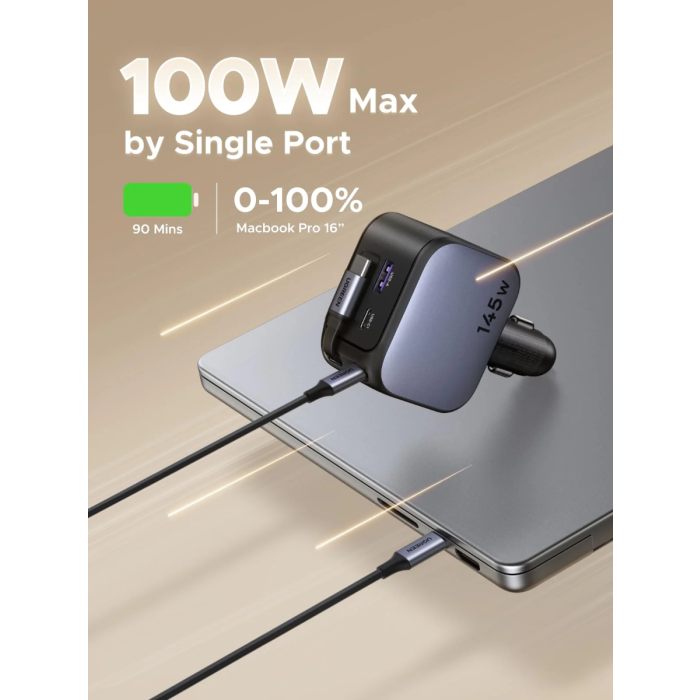 automobilski punjač UGREEN 55910B s ugrađenim USB-C kablom (do 145 W, 12 V – 24 V)-3