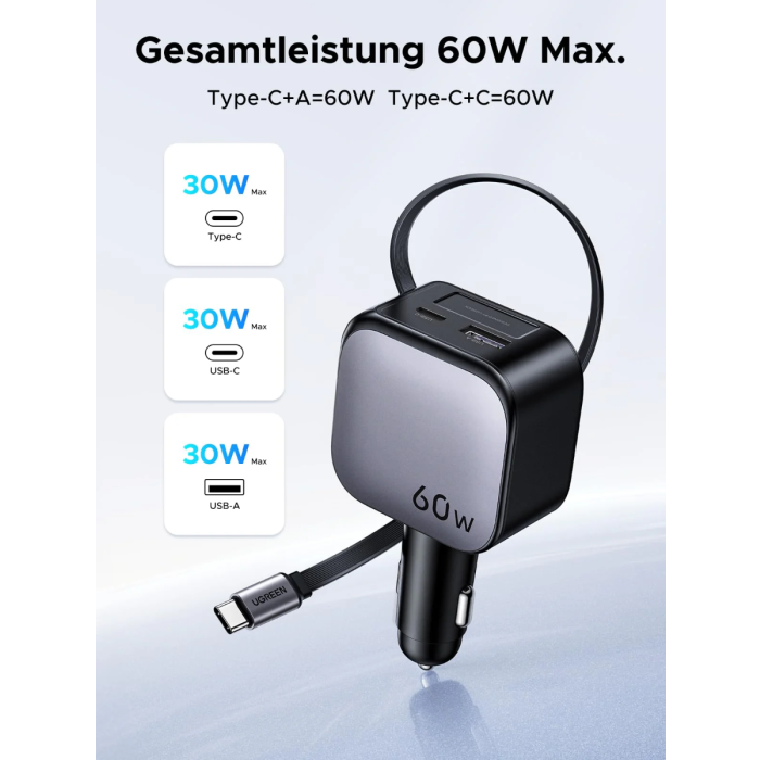 automobilski punjač UGREEN 55212 60W s vgrađenim USB-C kablom-4