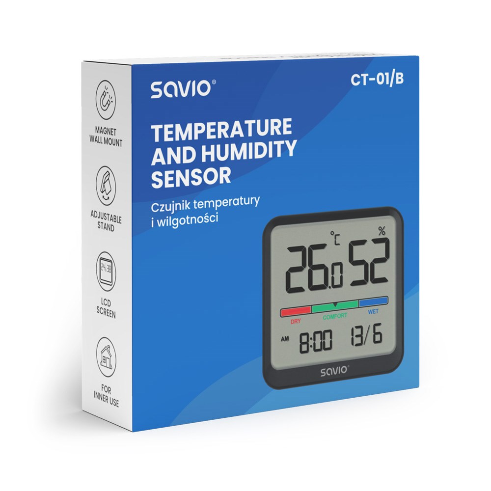 SAVIO Wireless weather station, temperature and humidity sensor, indoor use, LCD screen, clock, date, handle with magnet, CT-01/B Black-2