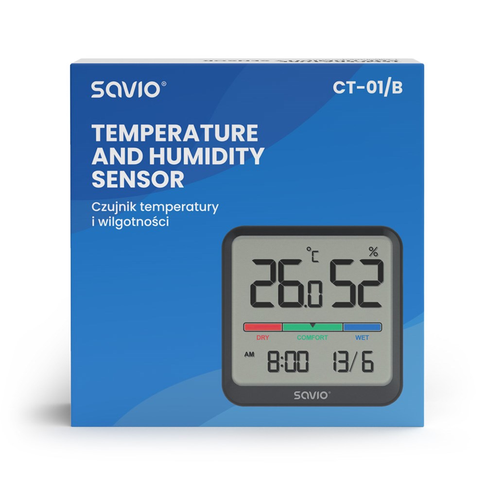 SAVIO Wireless weather station, temperature and humidity sensor, indoor use, LCD screen, clock, date, handle with magnet, CT-01/B Black-3