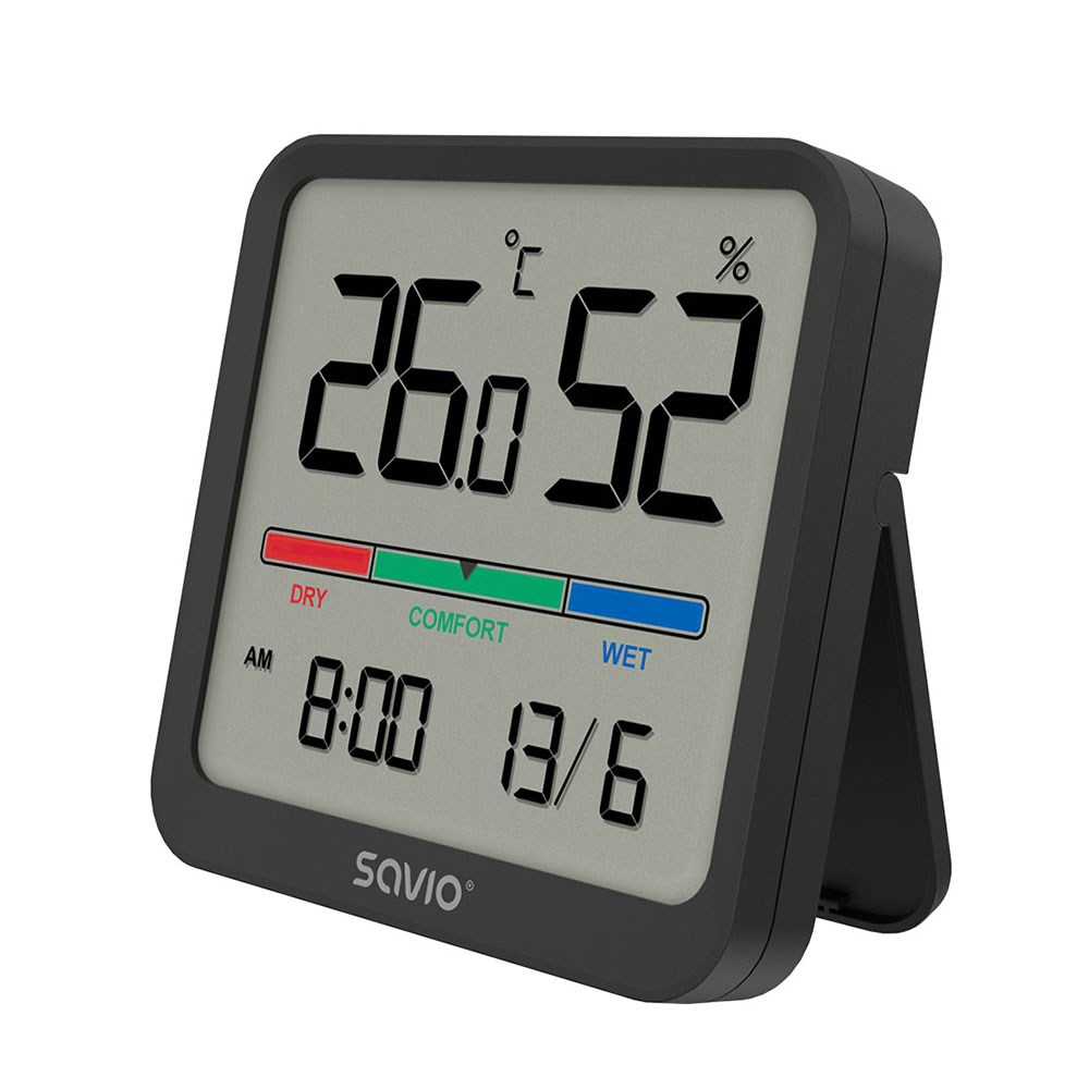 SAVIO Wireless weather station, temperature and humidity sensor, indoor use, LCD screen, clock, date, handle with magnet, CT-01/B Black-1