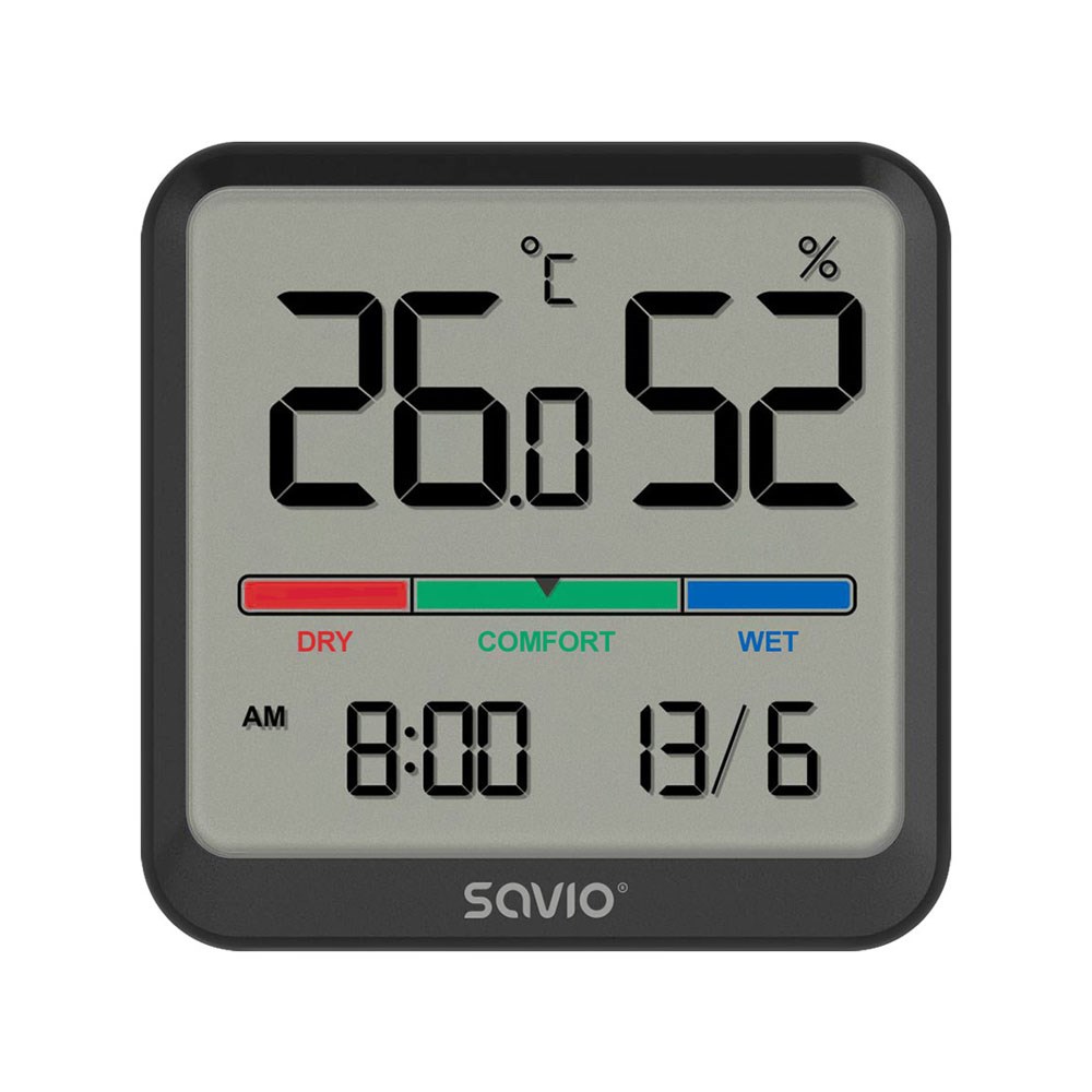 SAVIO Wireless weather station, temperature and humidity sensor, indoor use, LCD screen, clock, date, handle with magnet, CT-01/B Black-0
