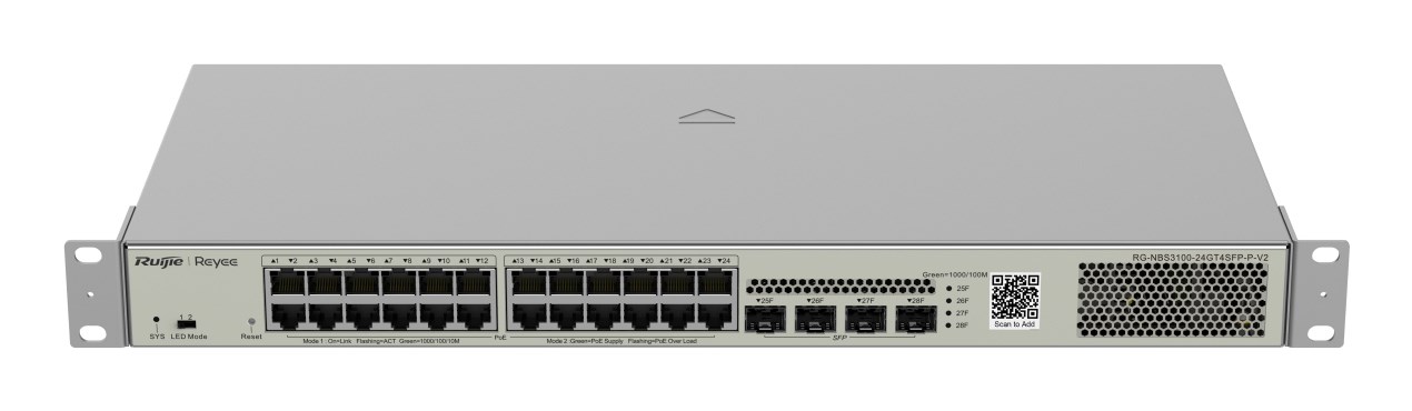 Mrežni Switch RUIJIE Reyee RG-NBS3100-24GT4SFP-P-V2 (24x GbE PoE+, 4x SFP, 370W, L2+ Managed)