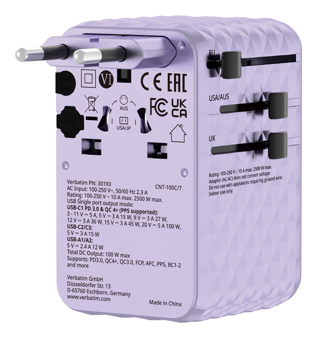 Putni adapter VERBATIM Charge 'n' Travel (100W, USB-C/USB-A, ljubičasti)-0