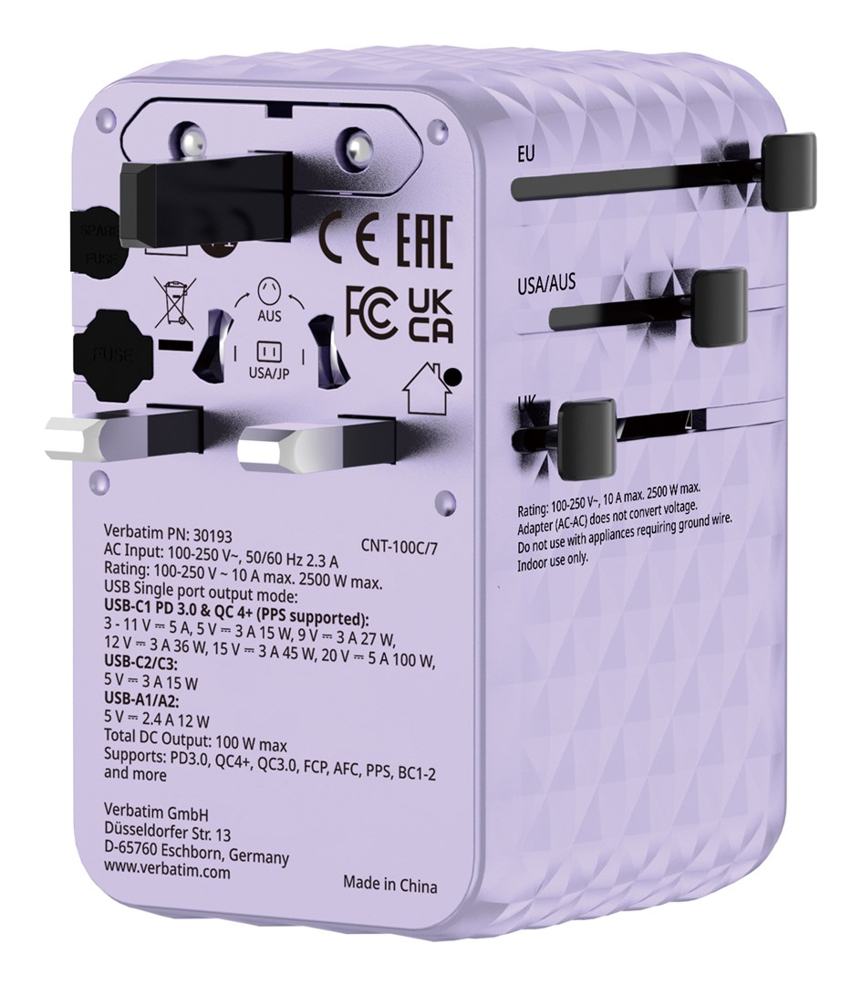 Putni adapter VERBATIM Charge 'n' Travel (100W, USB-C/USB-A, ljubičasti)-4