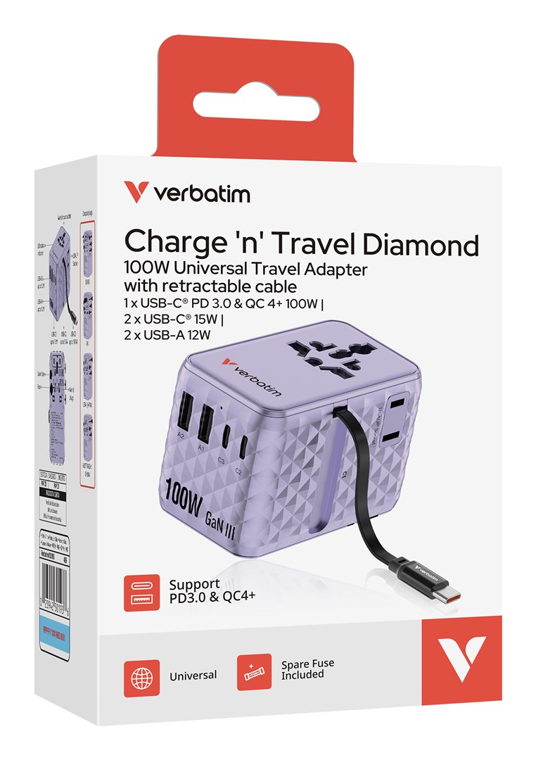 Putni adapter VERBATIM Charge 'n' Travel (100W, USB-C/USB-A, ljubičasti)-3