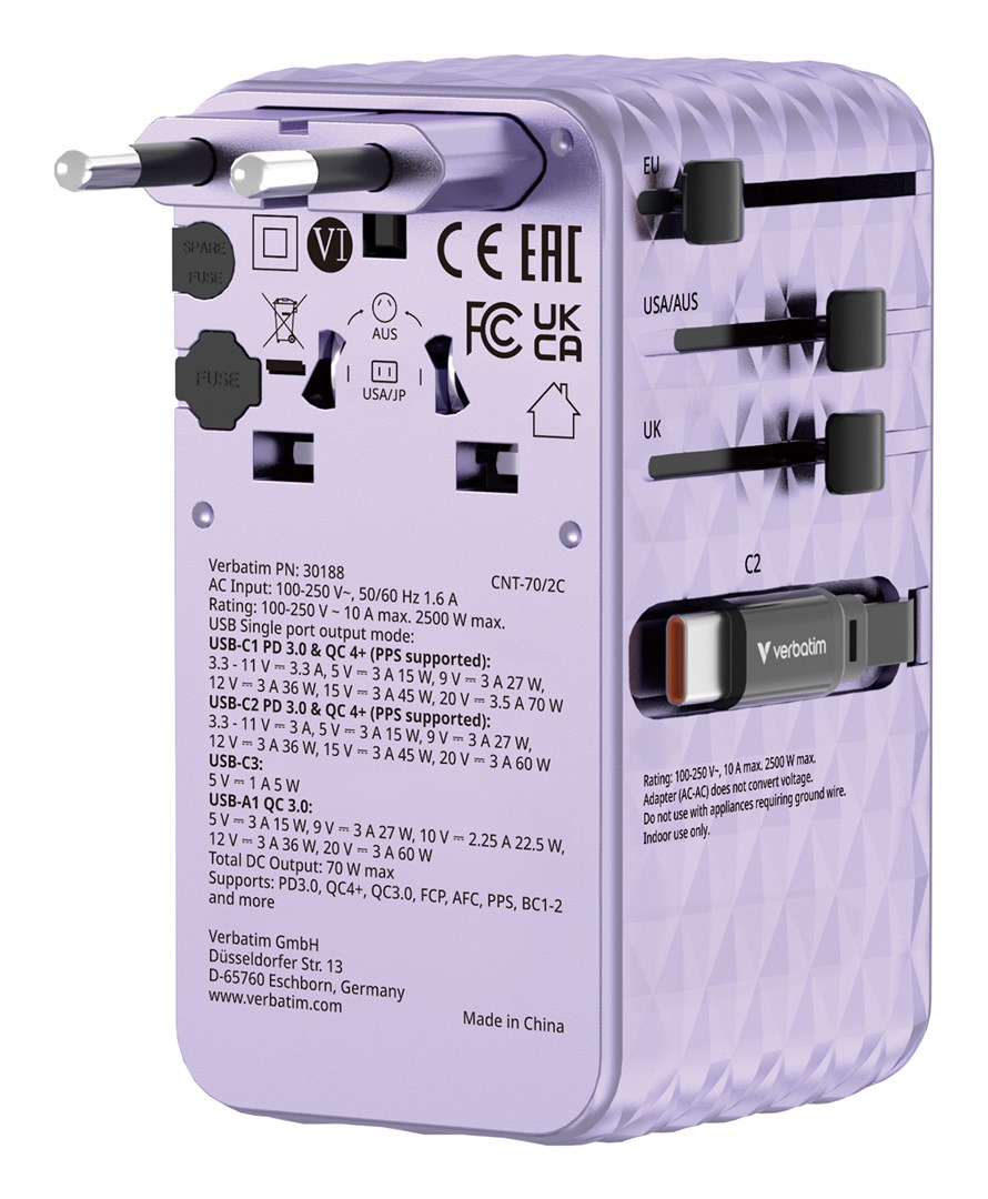 Univerzalni putni adapter VERBATIM Charge 'n' Travel (70W, 2x USB-C, ljubičasti)