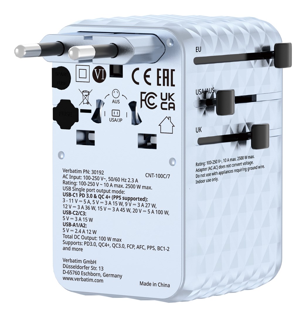 Univerzalni putni adapter VERBATIM Charge 'n' Travel (100W, GaN, USB-C, plavi)