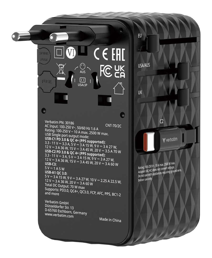 Univerzalni putni adapter VERBATIM Charge 'n' Travel (70W, 2x USB-C, uvlačivi, crni)