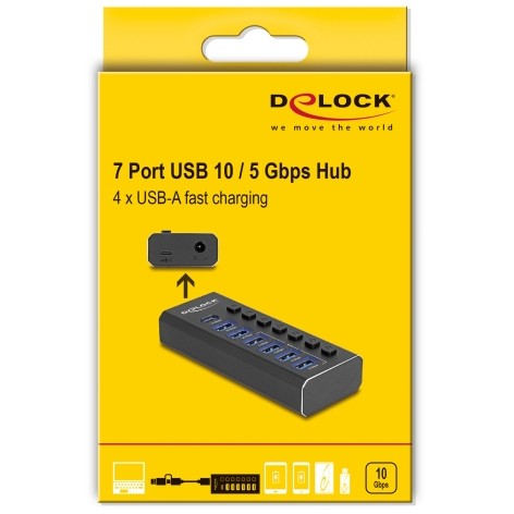 USB HUB DELOCK 7Port USB Hub with 3 Ports 10 Gbps and 4 Fast ChargingP-3