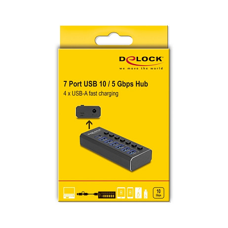 USB HUB DELOCK 7Port USB Hub with 3 Ports 10 Gbps and 4 Fast ChargingP-5