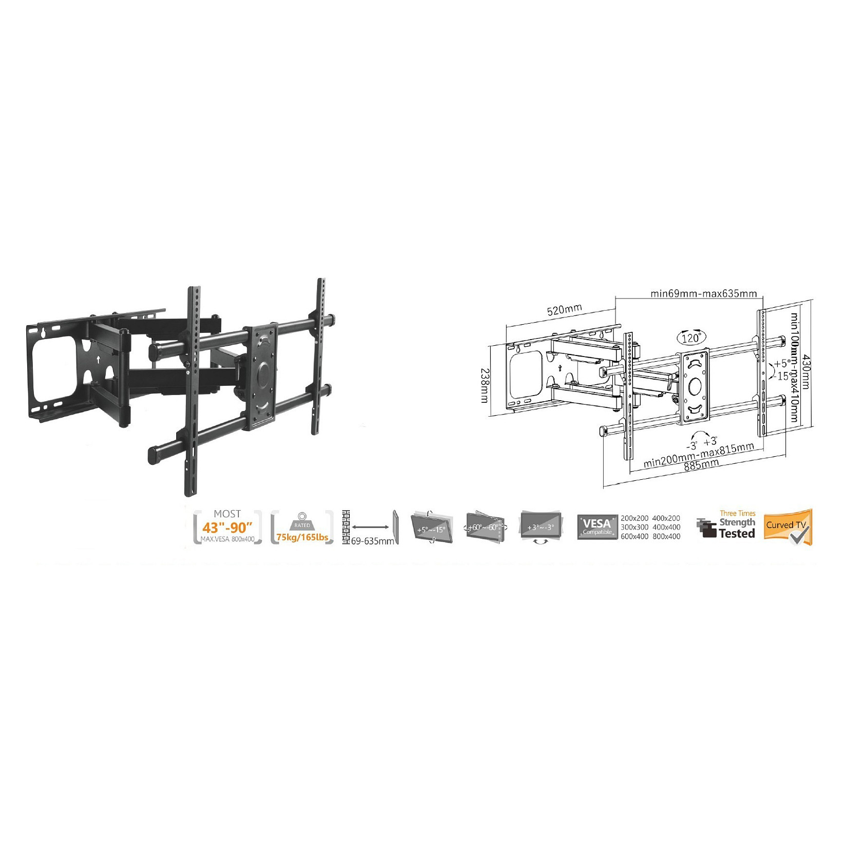 Zidni nosač za TV EQUIP 650616 Pro (37"-90", do 75kg, Full-Motion)-3