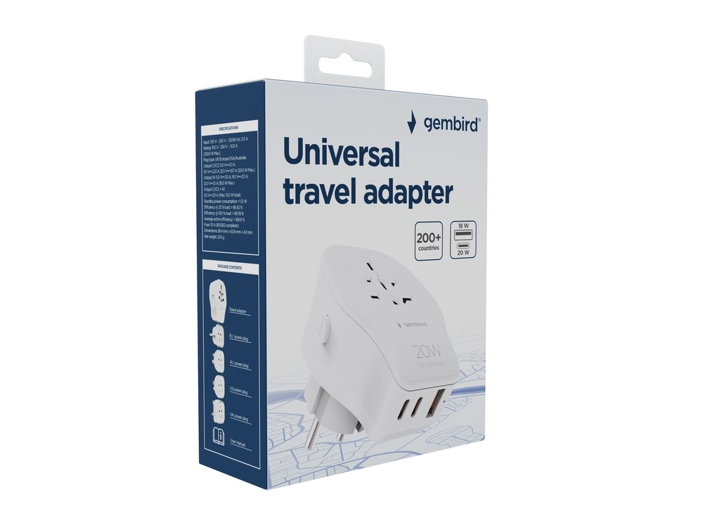 Adapter GEMBIRD TPA-1A2C20-02-W univerzalni putni 20 W bijeli-7