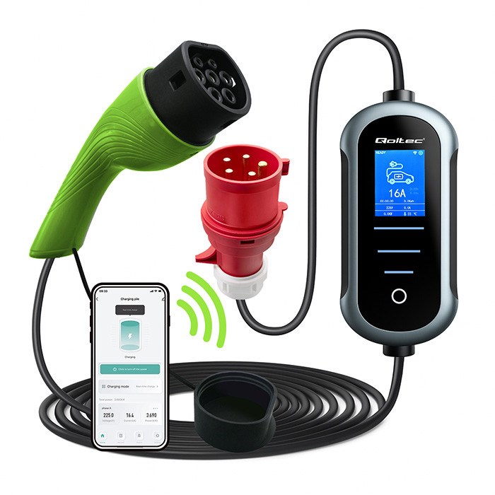 Punjač QOLTEC Mobile EV Electric Car punjač 2in1 Type2 11kW 400V Wi-Fi TUYA SMART LIFE LCD Portable Wallbox 5m