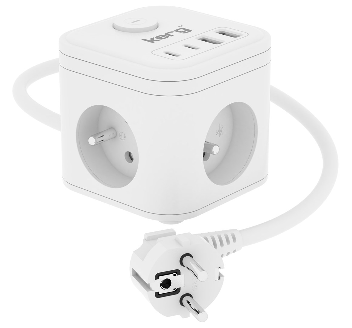 Produžni kabel KERG SMART – 3-SOCKET POWER STRIP + USB-A+USB-C punjač 1.5M 3×1.5MM2 H05VV-F 16A/250V-0