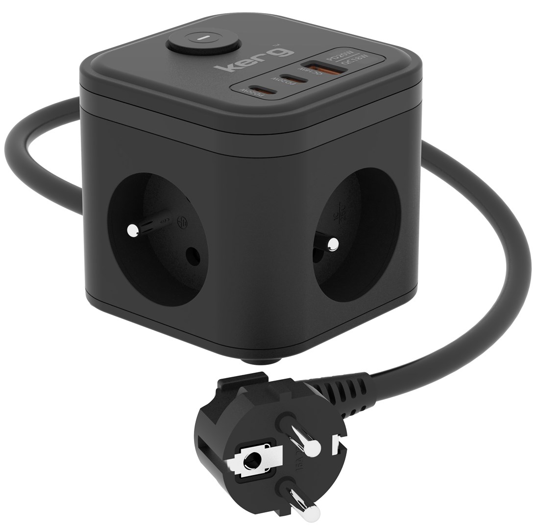 Produžni kabel KERG SMART – 3-SOCKET POWER STRIP + USB-A+USB-C punjač 1.5M 3×1.5MM2 H05VV-F 16A/250V-0