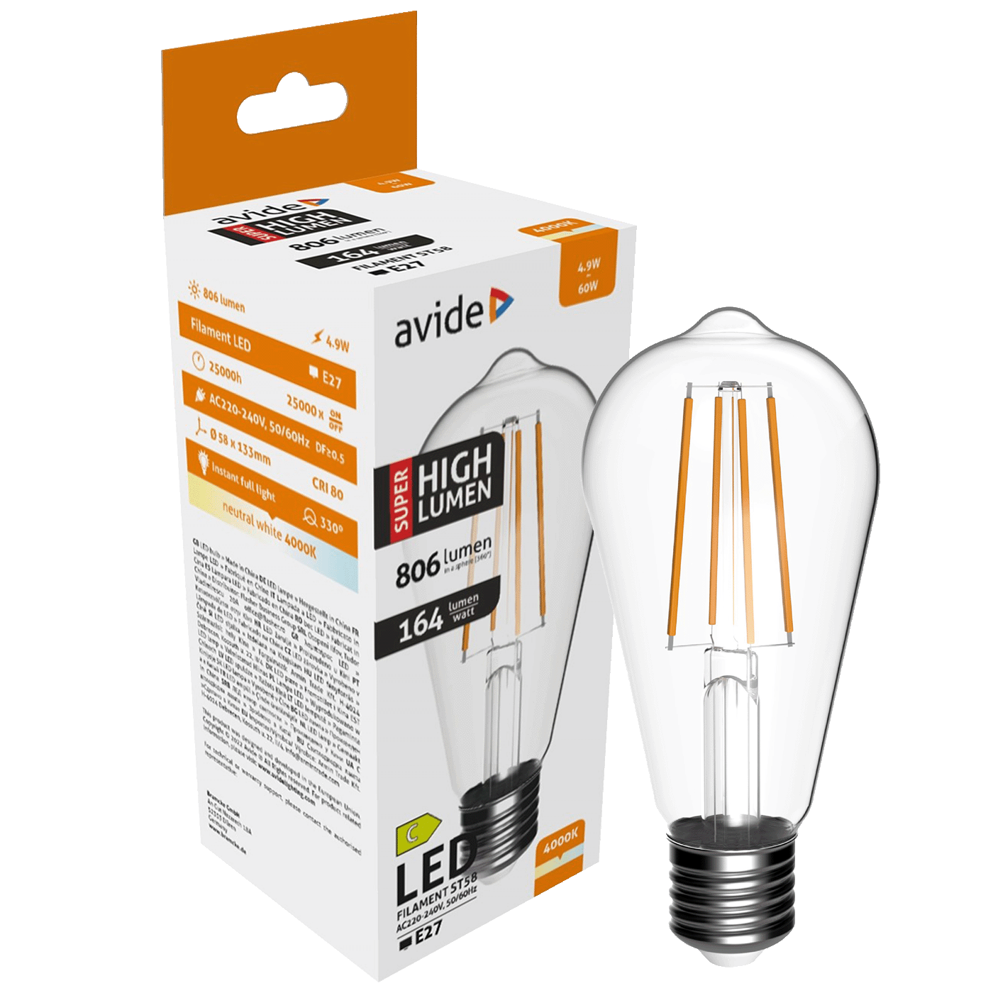 Žarulja LED AVIDE Filament ST58 4.9W E27 4000K bijela svjetlost
