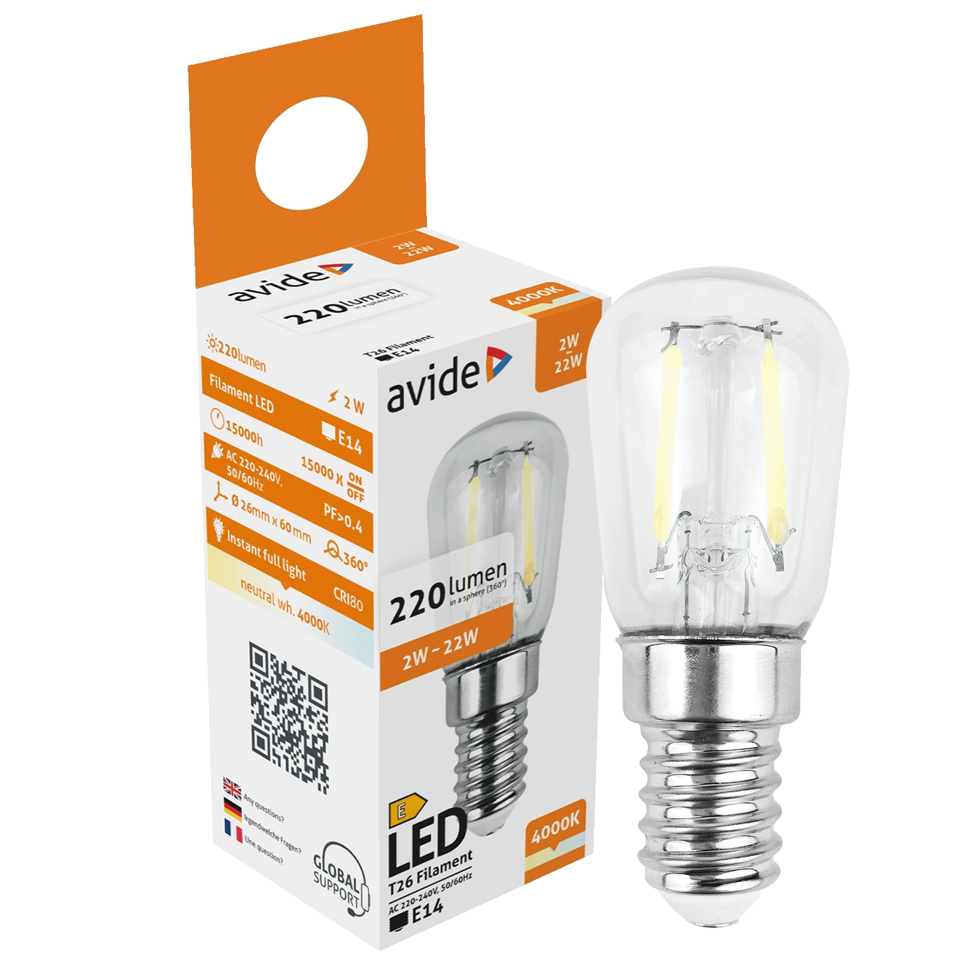 Žarulja AVIDE LED 2W E14 4000K bijela svjetlost - Filament T26