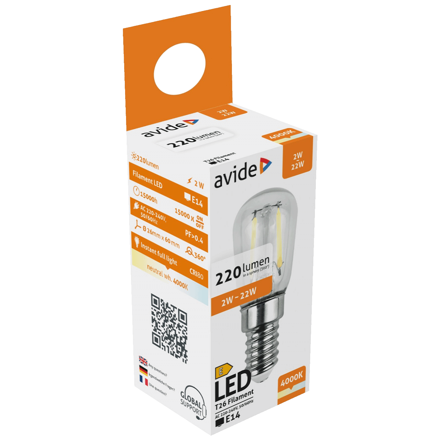Žarulja AVIDE LED 2W E14 4000K bijela svjetlost - Filament T26-3