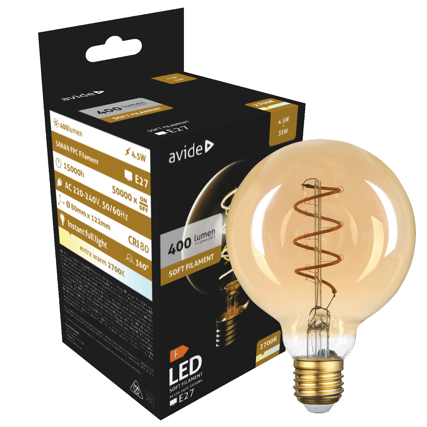 Žarulja AVIDE LED Soft Filament G80 4.5W E27 (2700K, 400 lm, E27, IP20)-0
