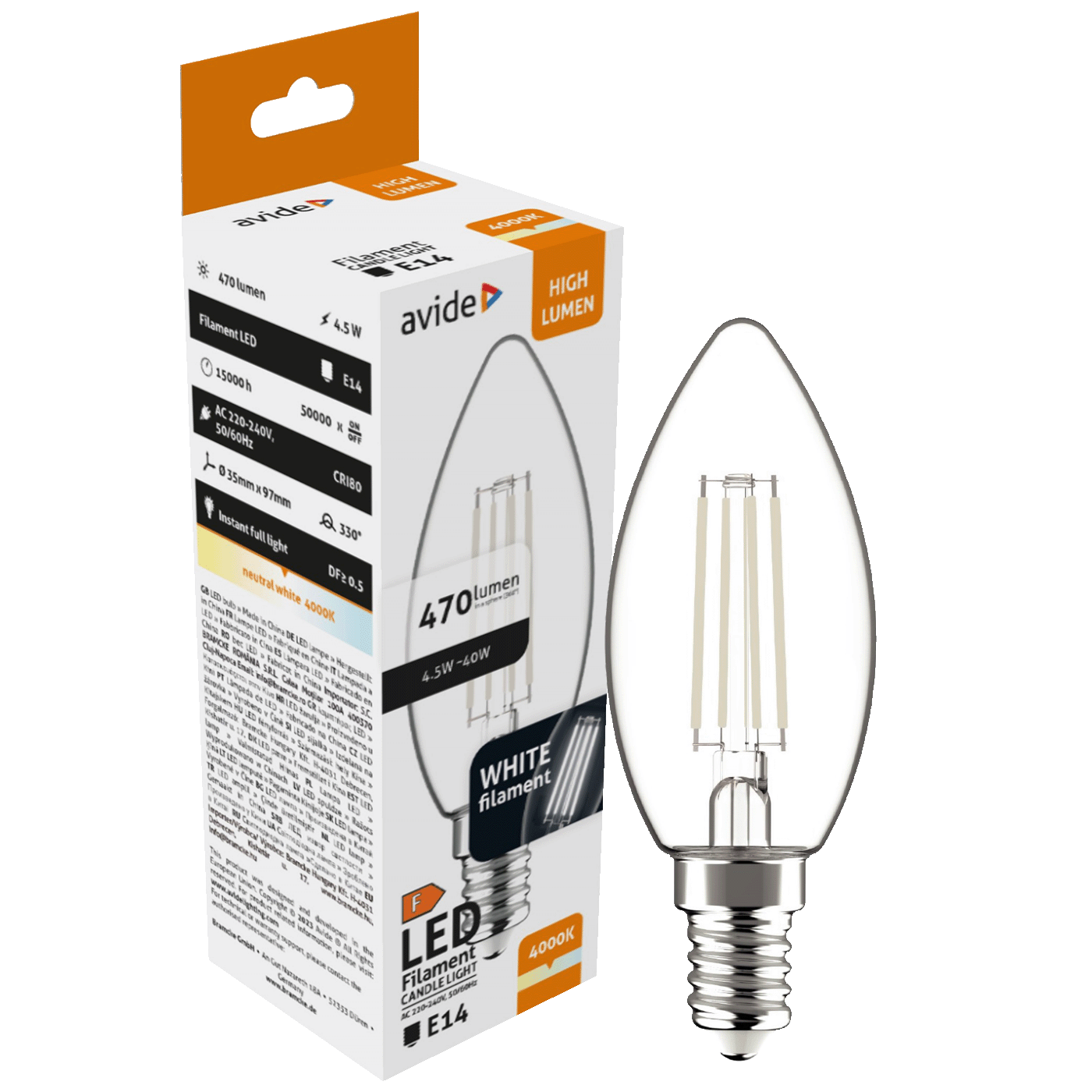 Žarulja LED AVIDE White Filament Candle 4.5W E14 (4000K, bijela svjetlost)-0