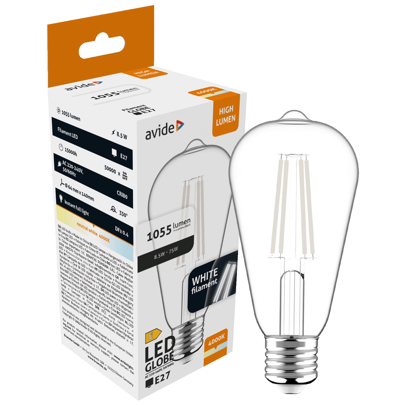 Žarulja LED AVIDE White Filament ST64 8.5W E27 4000K bijela svjetlost