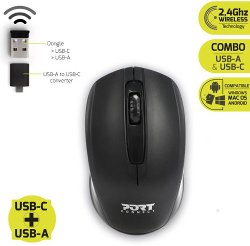 Miš PORT DESIGNS BUDGET bežični, USB-C & USB-A, crni-0