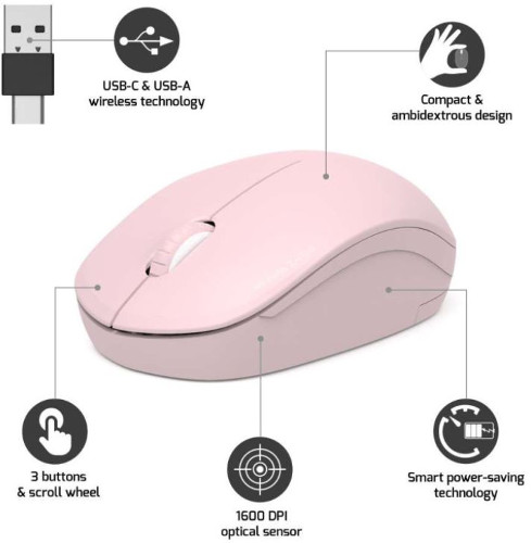 Miš PORT DESIGNS OFFICE bežični USB-A/USB-C roza