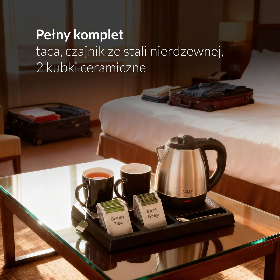 Kettle ADLER AD 1354 Hotel 1.2 L inox + pladanj s šalicama crna, čelik-7