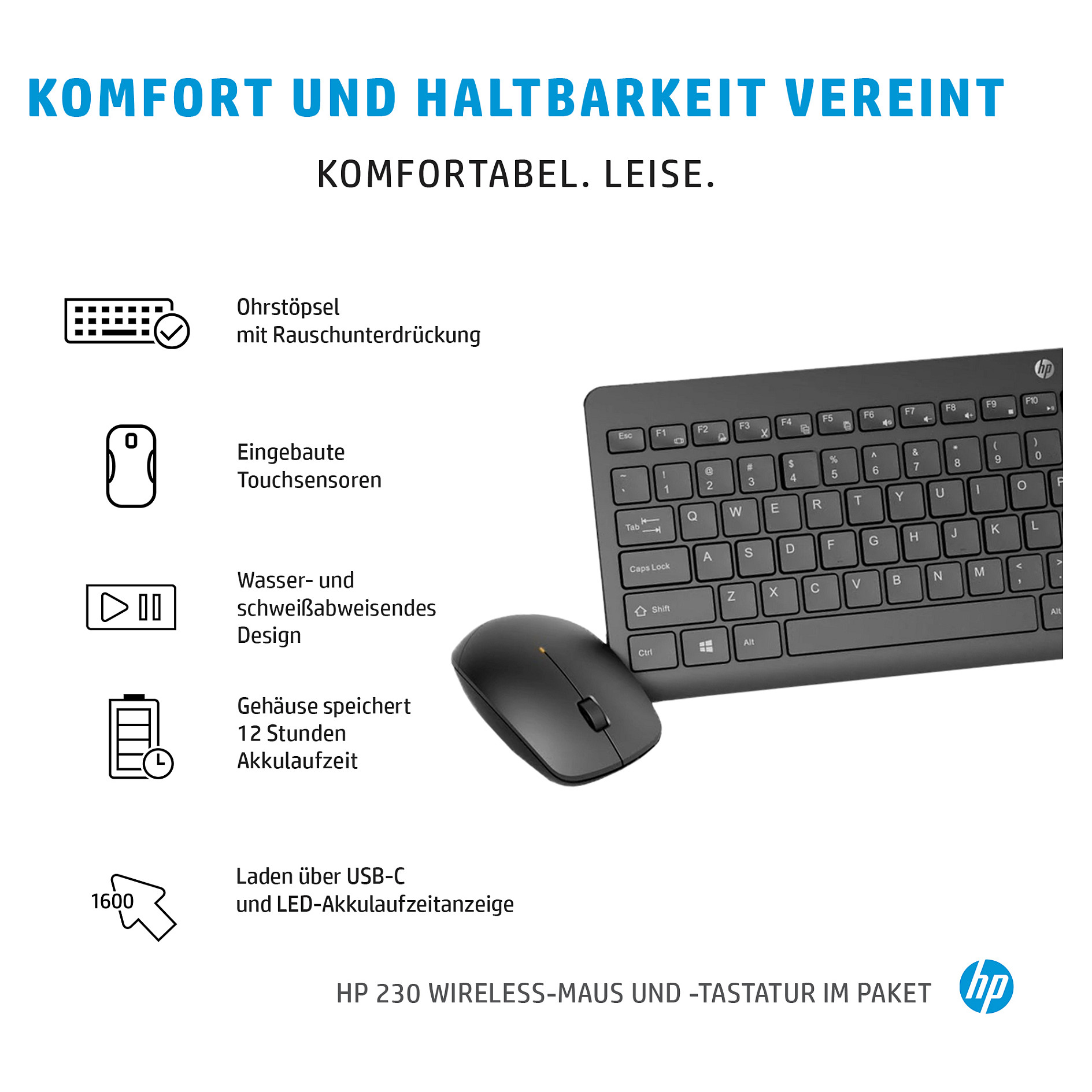 Set tipkovnica i miš HP 230 (bežični, bijela boja, de layout)-3