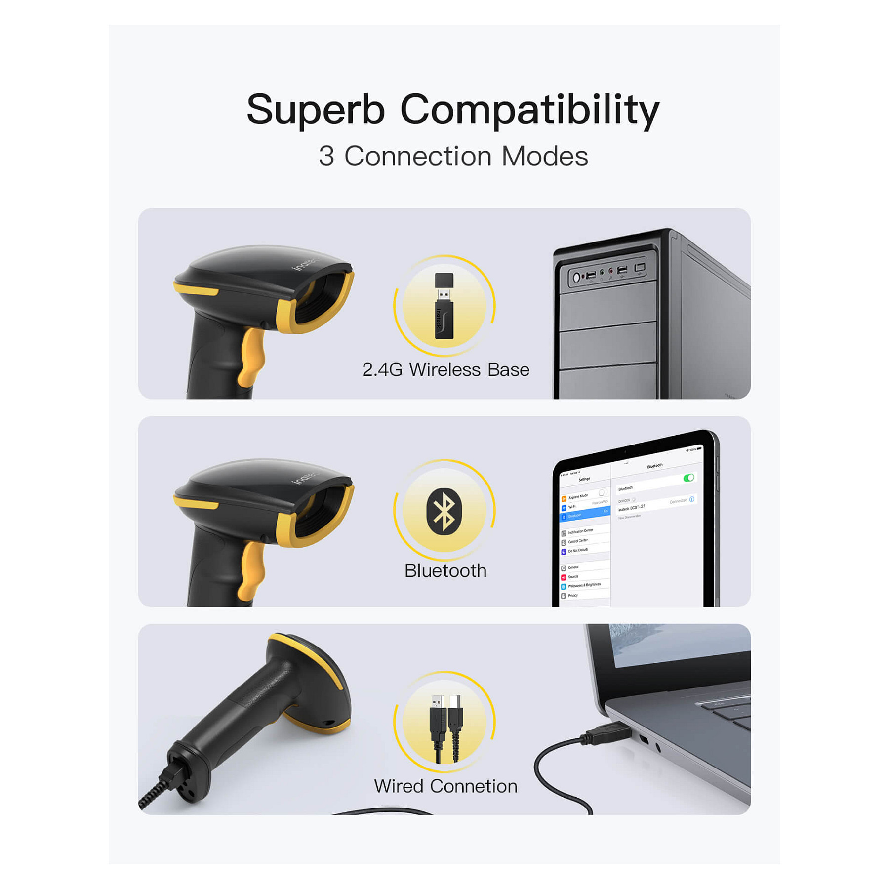 Barcode čitač INATECK BCST-23 (2D, Bluetooth 5.0, 2.4GHz, USB, Stalak za punjenje)-3