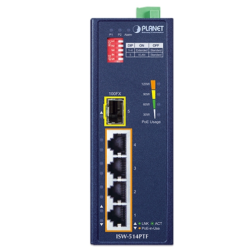Mrežni preklopnik → PLANET → IP40 4-Port 10/100TX 802.3at PoE + 1-Port 100FX SFP Industrial Fast Ethernet Switch-0