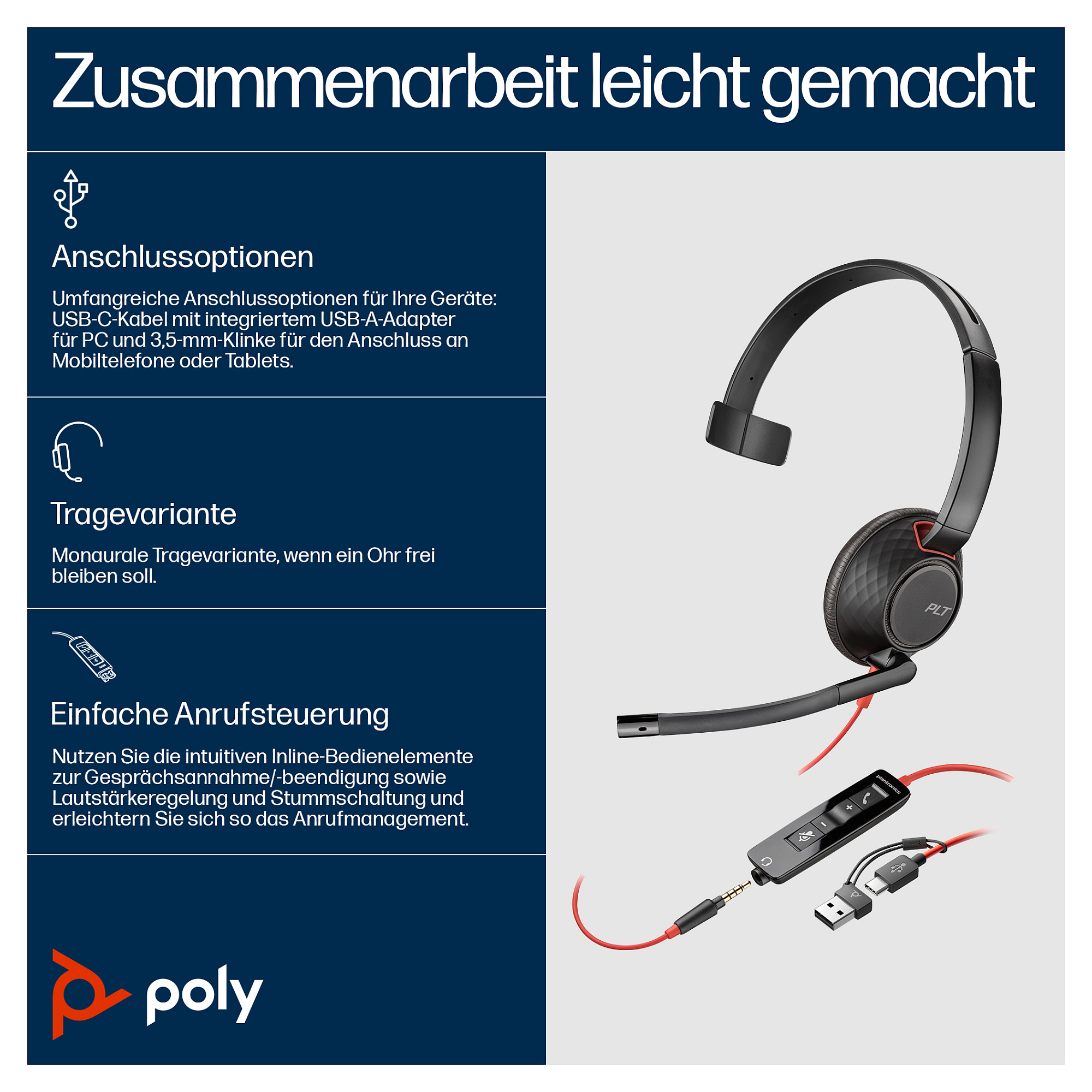 Slušalice HP POLY Blackwire 5210 Monaural USB-C +3.5mm Plug +USB-C/A Adapter-3