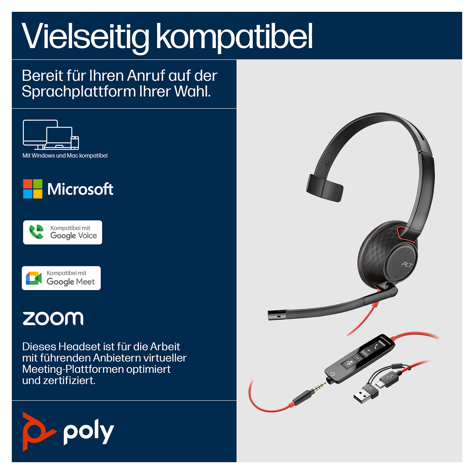 Slušalice HP POLY Blackwire 5210 Monaural USB-C +3.5mm Plug +USB-C/A Adapter-5